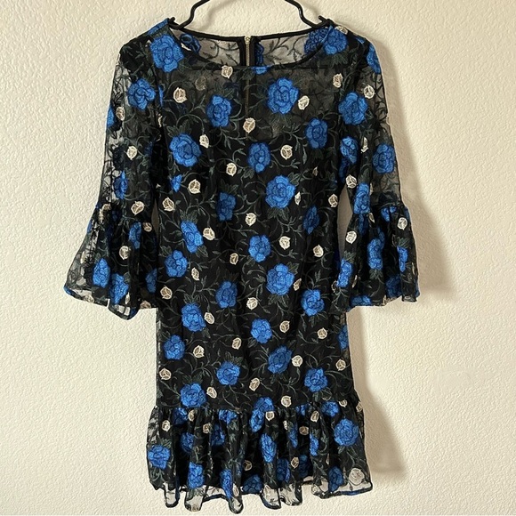 Calvin Klein Blue Ruffled Tiered Fit Bell Sleeve Formal, Cocktail Feminine Dress - Picture 2 of 14